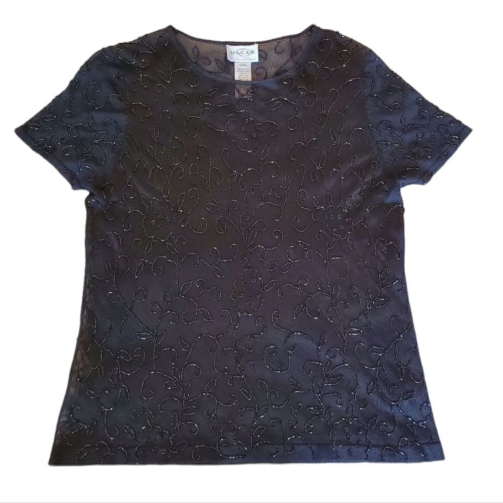 Oscar‎ by Oscar de la Renta Embellished Black Top Size Large